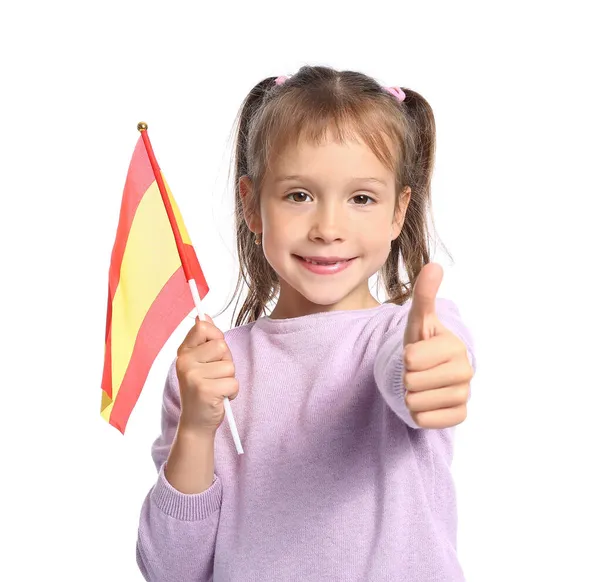 Маленька Дівчинка Прапором Іспанії Показує Пальцем Вгору Білому Тлі — стокове фото