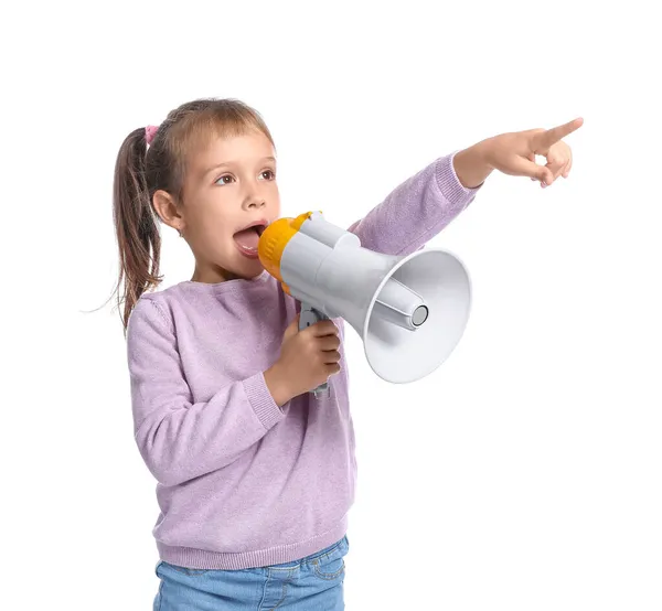 Protestierendes Kleines Mädchen Mit Megafon Auf Weißem Hintergrund — Stockfoto