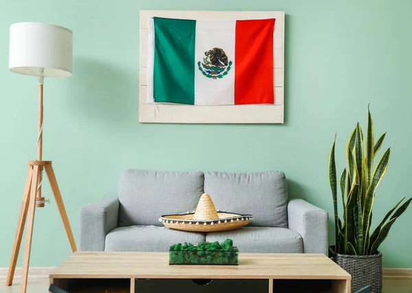 Wnętrze Stylowego Salonu Flagą Meksyku — Zdjęcie stockowe