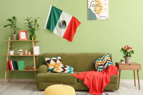 Interior Elegante Sala Estar Com Bandeira Mexicana — Fotografia de Stock