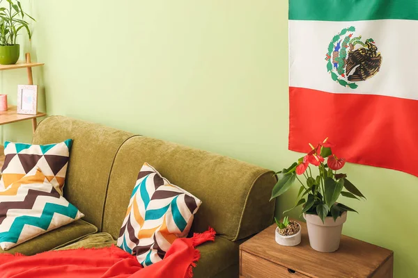 Interior Elegante Sala Estar Com Bandeira Mexicana — Fotografia de Stock