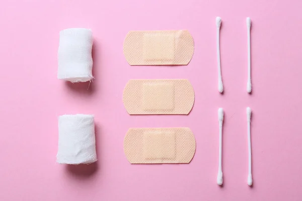 Bandage Medical Plasters Cotton Buds Color Background — Stock Photo, Image
