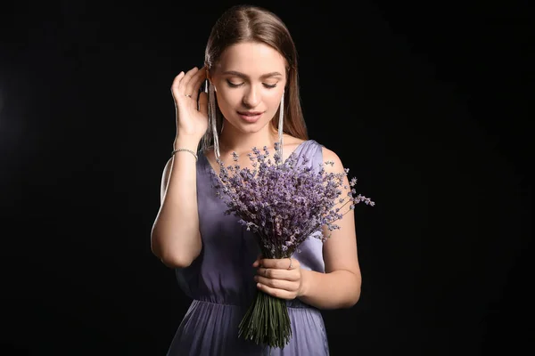 Beautiful Young Woman Bouquet Lavender Black Background — Stock Photo, Image