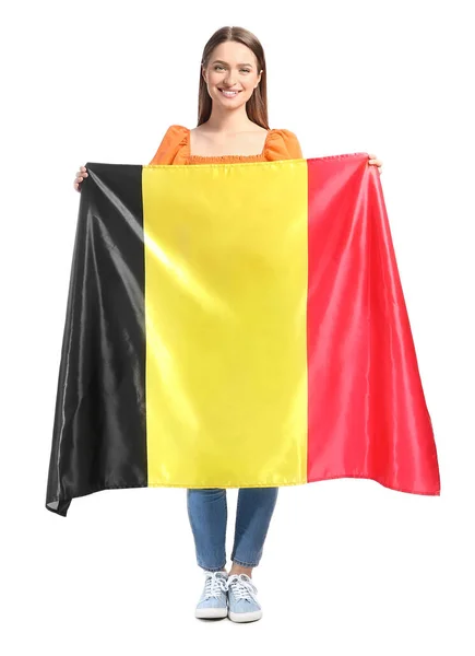Jovem Com Bandeira Bélgica Fundo Branco — Fotografia de Stock