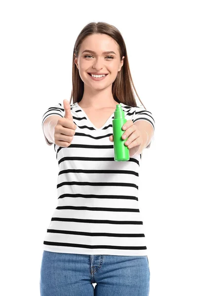 Young Woman Mosquito Repellent Showing Thumb White Background — Stock Photo, Image