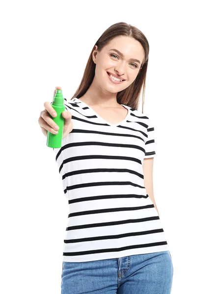 Young Woman Mosquito Repellent White Background — Stock Photo, Image