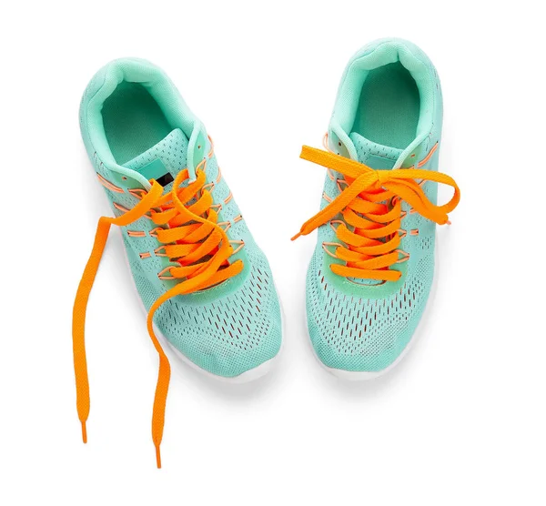 Спортивная Обувь Оранжевыми Шнурками Белом Фоне — стоковое фото