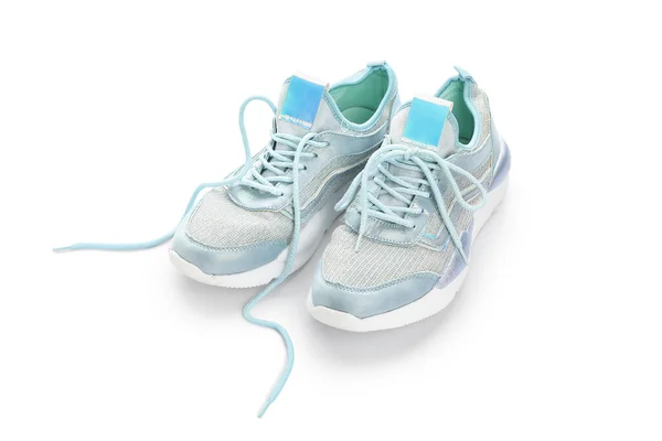 Scarpe Sportive Blu Con Lunghi Lacci Sfondo Bianco — Foto Stock