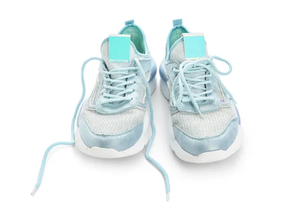 Zapatillas Deportivas Azules Con Cordones Largos Sobre Fondo Blanco —  Fotos de Stock