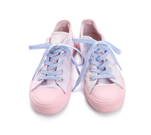 Stijlvolle Roze Schoenen Met Gebonden Veters Witte Achtergrond — Stockfoto