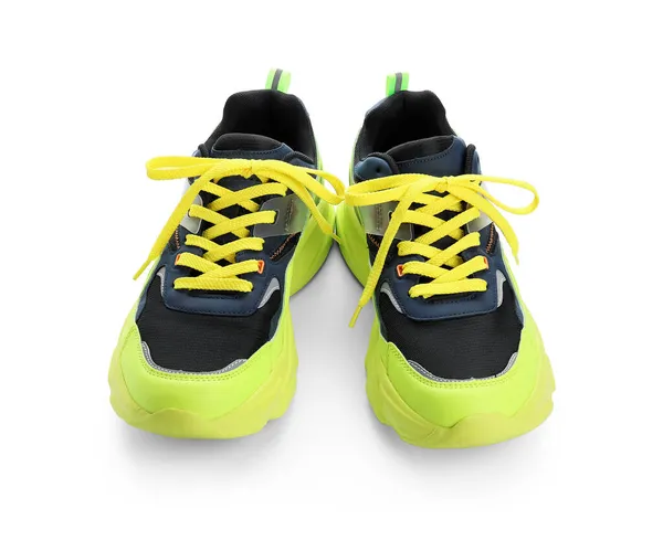 Sapatos Esportivos Elegantes Com Laços Brilhantes Fundo Branco — Fotografia de Stock