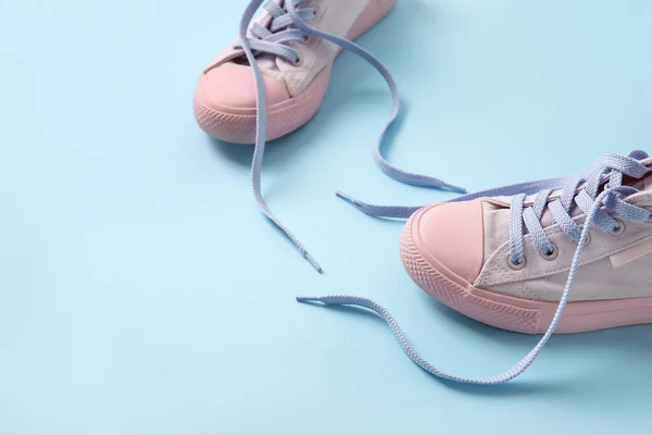 Stylish Shoes Untied Laces Blue Background Closeup — Stock Photo, Image