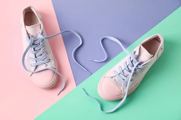 Pair Shoes Untied Laces Color Background — Stock Photo, Image