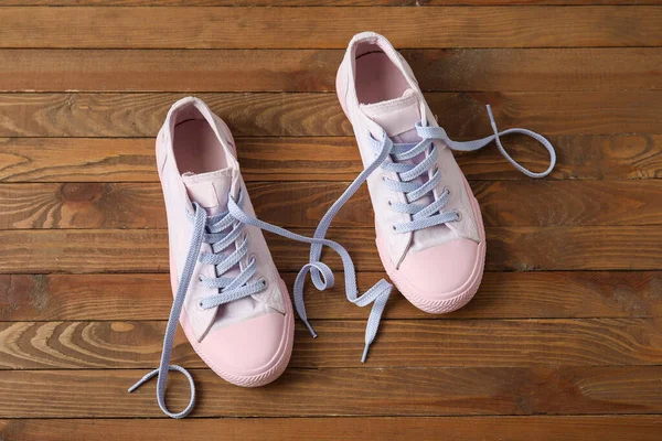 Pair Stylish Shoes Untied Laces Wooden Background — Stock Photo, Image
