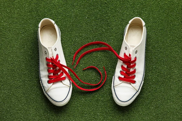 Een Paar Stijlvolle Schoenen Met Rode Veters Groene Achtergrond — Stockfoto