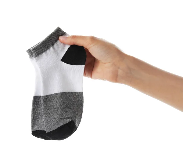 Woman Holding Pair Socks White Background Closeup — Stock Photo, Image