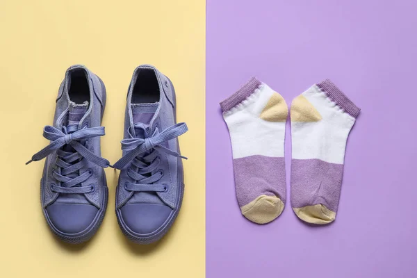 Stylish Shoes Socks Color Background — Stock Photo, Image