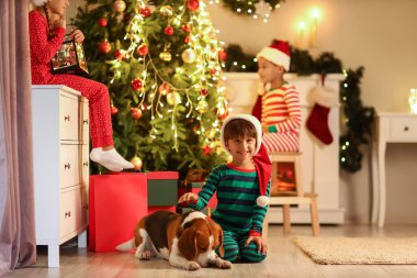 Noel Baba şapkalı küçük çocuk Noel arifesinde evde sevimli bir köpekle