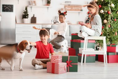 Noel arifesinde evde hediyeleri ve köpeği olan sevimli küçük bir çocuk.