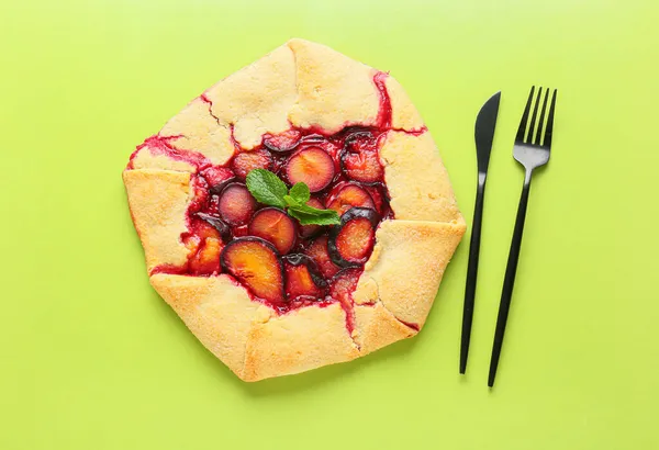 Tasty Plum Galette Color Background — Stock Photo, Image