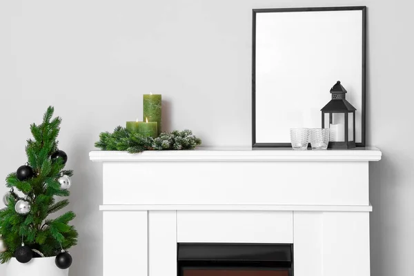 Candles Blank Frame Mantelpiece Light Wall — Stock Photo, Image