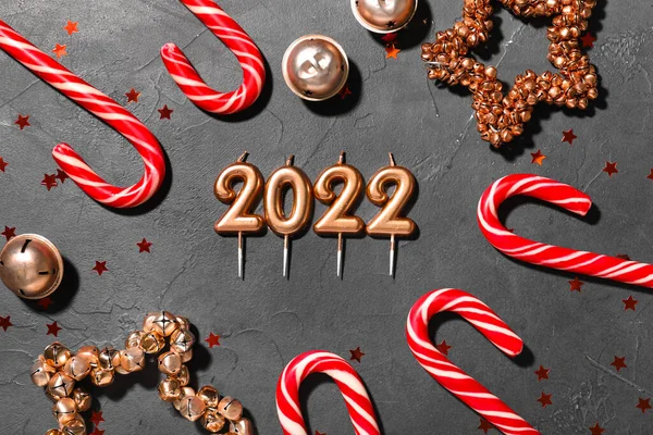 Christmas Composition Candy Canes Decorations Figure 2022 Dark Background Closeup — Stock Photo, Image