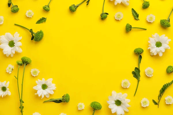 Rahmen Aus Schönen Blumen Auf Gelbem Hintergrund — Stockfoto