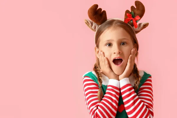 Surprised Little Girl Dressed Elf Pink Background — Stock Photo, Image