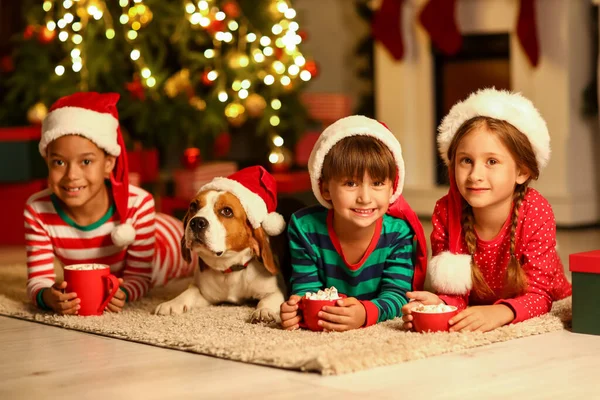 Crianças Com Xícaras Cacau Quente Cachorro Bonito Casa Véspera Natal — Fotografia de Stock