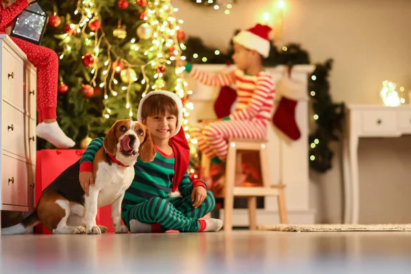 Liten Pojke Santa Hatt Med Söt Hund Hemma Julafton — Stockfoto
