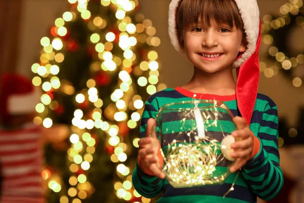 Little Boy Santa Hat Garland Home Christmas Eve — Stock Photo, Image