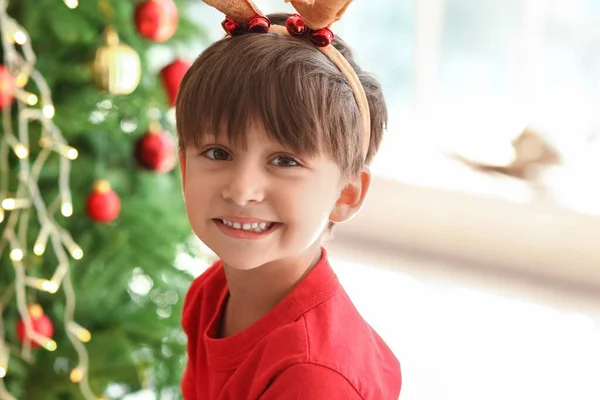 Cute Little Boy Christmas Tree Home Closeup — Stock Photo, Image