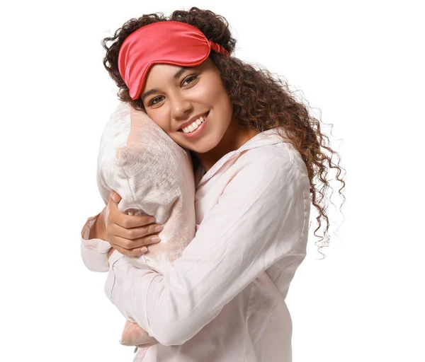 Young African American Woman Sleeping Mask Pillow White Background — Stock Photo, Image