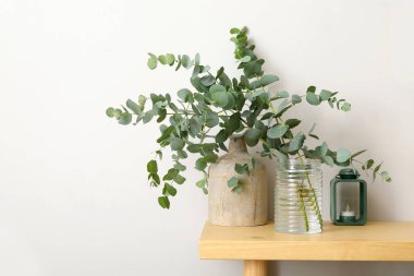 Işık duvarının yanındaki masada yeşil okaliptüs dalları olan vazolar.