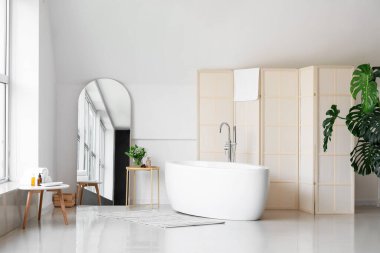 Ayna, küvet ve katlanır ekran olan ışık odasının içi