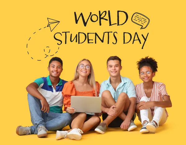 Karta Okolicznościowa Światowy Dzień Studentów Grupą Nastolatków — Zdjęcie stockowe