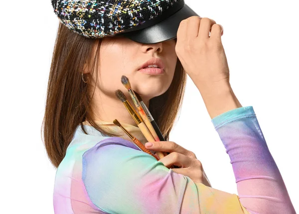 Young Female Artist Brushes White Background — Stock Photo, Image