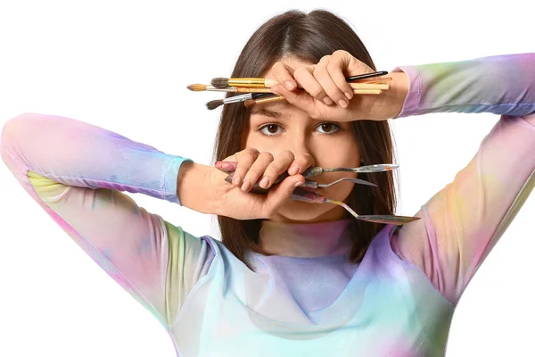 Young Female Artist Tools White Background — Stock Photo, Image