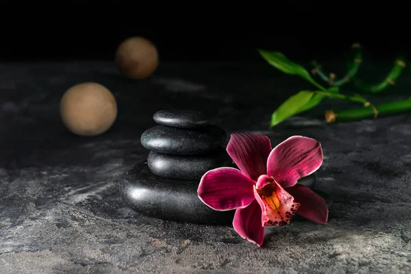 Koyu Arkaplanda Zen Taşı Çiçek Yığını — Stok fotoğraf