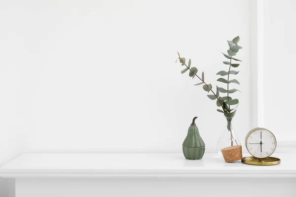 Vase Eucalyptus Branches Alarm Clock Shelf Light Wall — Stock Photo, Image