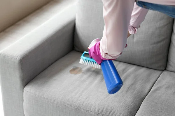 Woman Gloves Cleaning Grey Sofa Brush Detergent Home — Stock Photo, Image