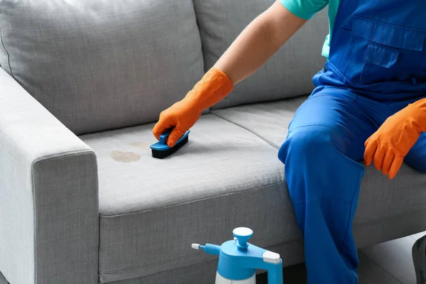 Male Worker Cleaning Grey Sofa Brush Room — Stock Photo, Image