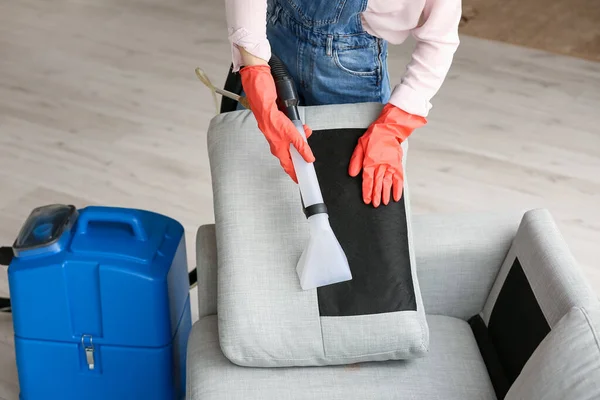 Woman Gloves Removing Dirt Grey Sofa Vacuum Cleaner Home — Stock Photo, Image