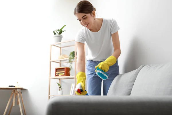 Woman Cleaning Grey Sofa Brush Detergent Home — Stock Photo, Image