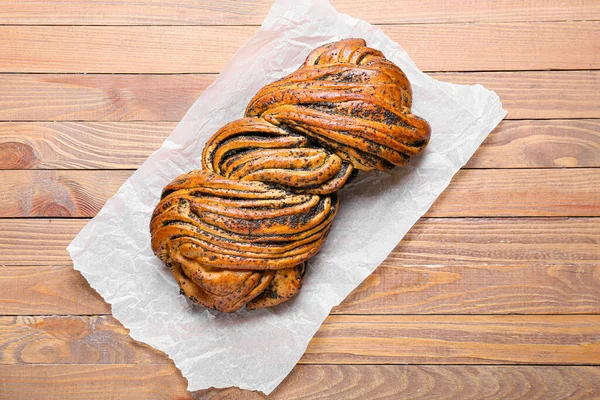 Smaklig Vallmo Frön Bulle Trä Bakgrund — Stockfoto