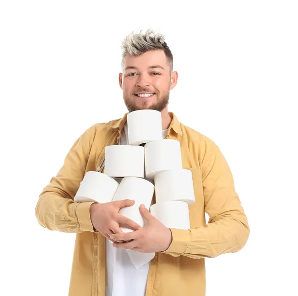 Jeune Homme Avec Nombreux Rouleaux Papier Toilette Sur Fond Blanc — Photo