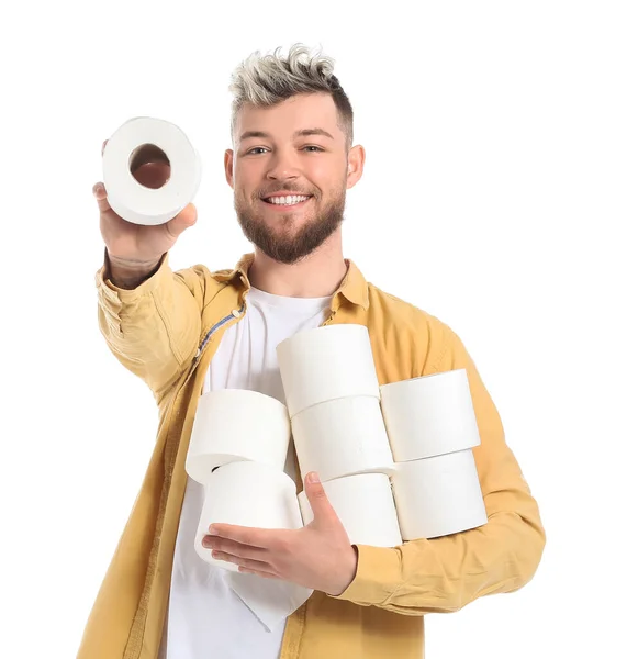 Молодий Чоловік Багатьма Рулонами Туалетного Паперу Білому Тлі — стокове фото