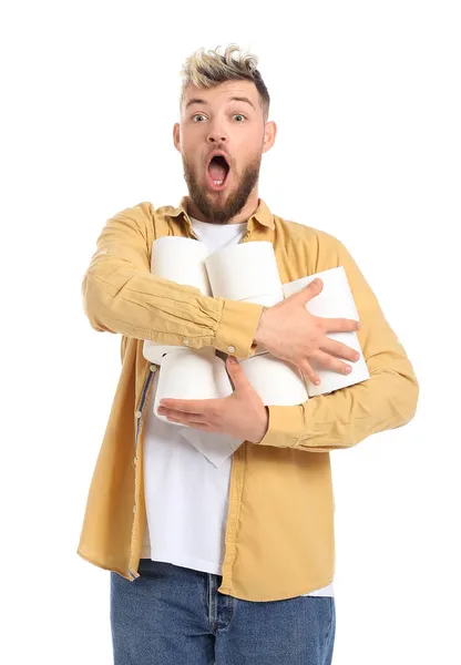 Surprised Young Man Many Rolls Toilet Paper White Background — Stock Photo, Image