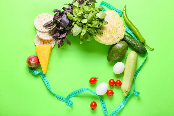 Ram Hälsosamma Produkter Och Måttband Grön Bakgrund — Stockfoto