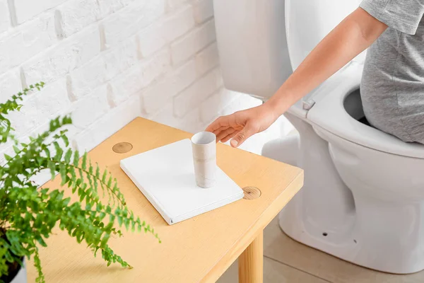 Little Boy Out Toilet Paper Bathroom — Stock Photo, Image